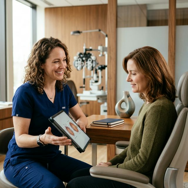 Optometrist consulting with dry eye patient