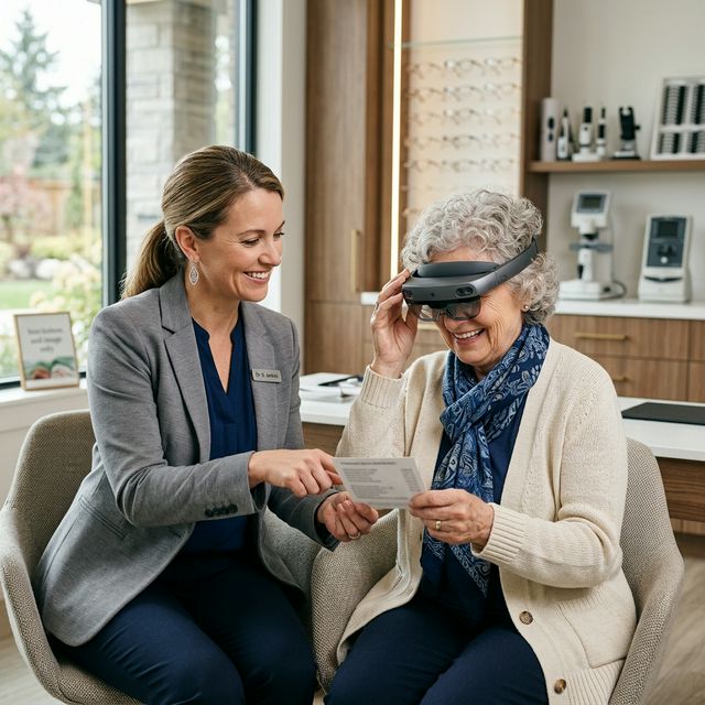 Optometrist demonstrating a low vision wearable device to a senior