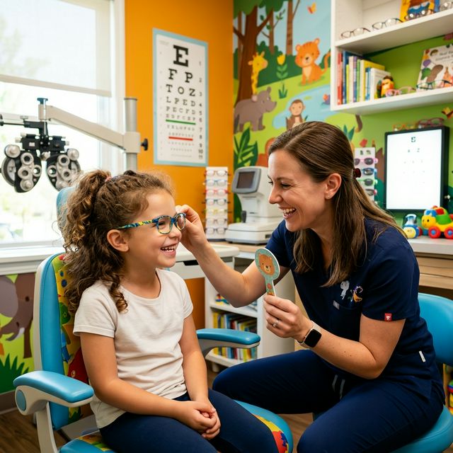 Optometrist examining a child with myopia