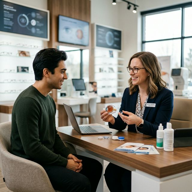 Optometrist educating patient on contact lenses