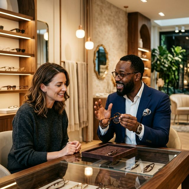 Optician explaining frame heritage to patient